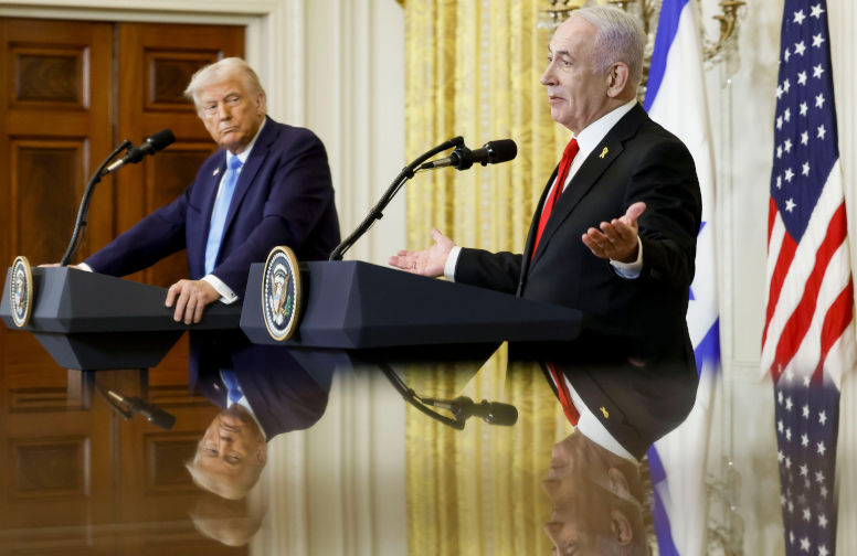 Israeli Prime Minister Benjamin Netanyahu (R) and US President Donald J. Trump (L) during a joint press conference in the East Room of the White House in Washington, DC, USA, 04 February 2025. President Trump, who is hosting his first in-person meeting wi