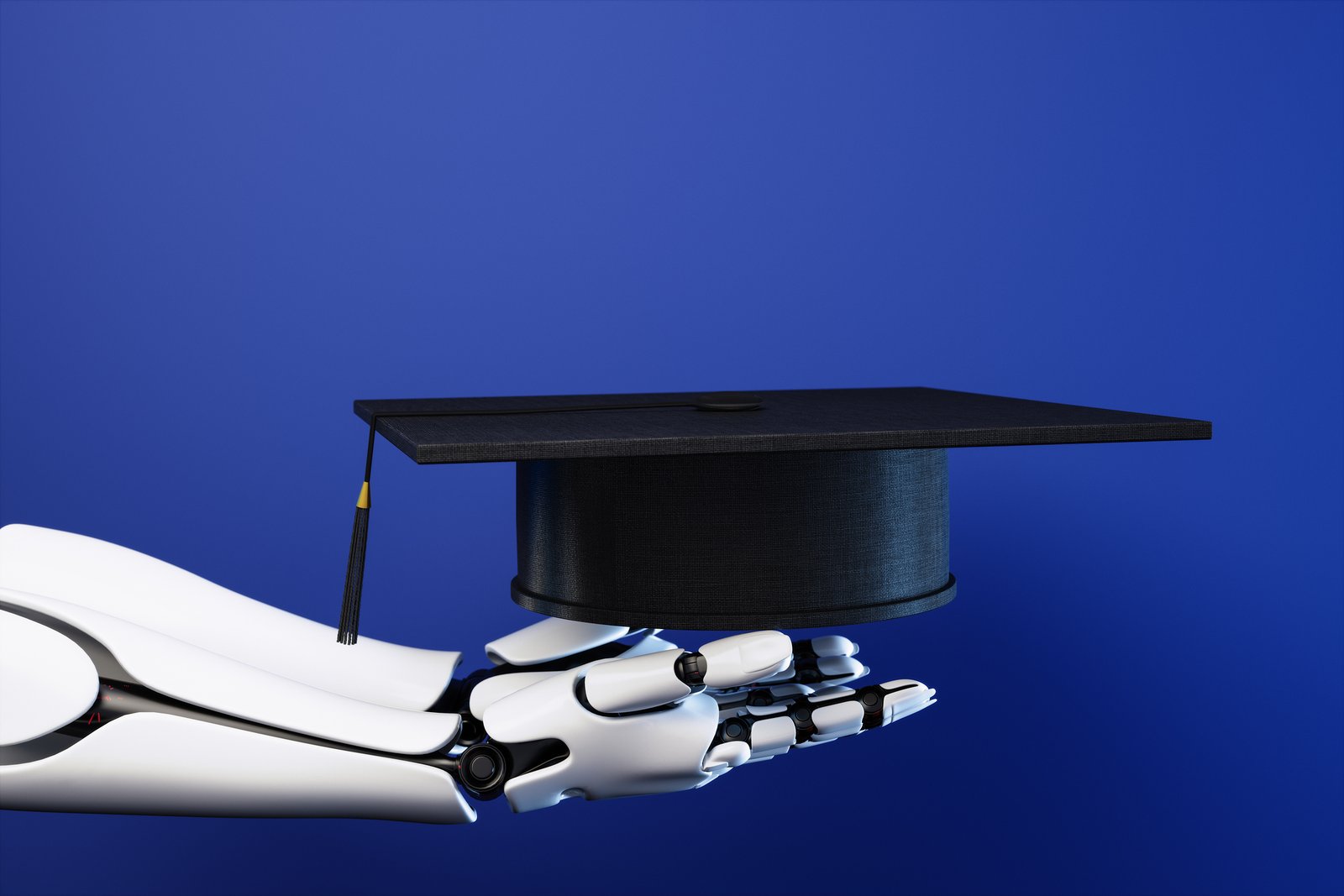 Side View Of Robot Hand Holding Graduation Cap