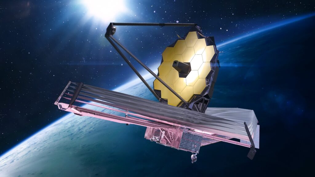 JWST in space near Earth. James Webb telescope far galaxies and planets explore. Sci-fi space collage. Astronomy science. Elements of this image furnished by NASA